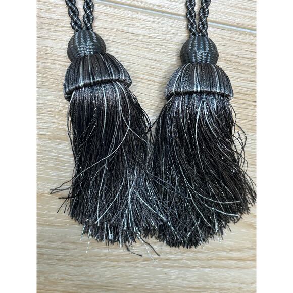 2 Black Gray White Curtain Tiebacks Tassels Set 5" Tassel - Picture 3 of 4